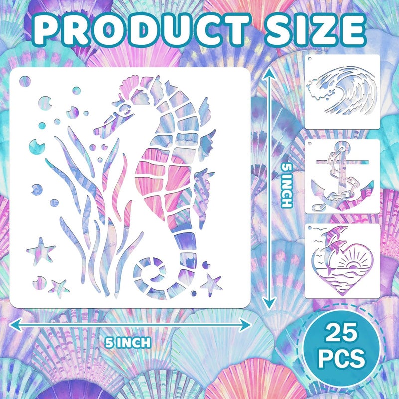 Resflyar 25 PCS Sea Ocean Creatures Stencils Reusable Sea Animal Templates for Painting, Mermaid Stencils for Scrapbooking Drawing Wood Wall Floor Furniture Rock Decor DIY Crafts Projects 5 x 5 Inch - Image 2